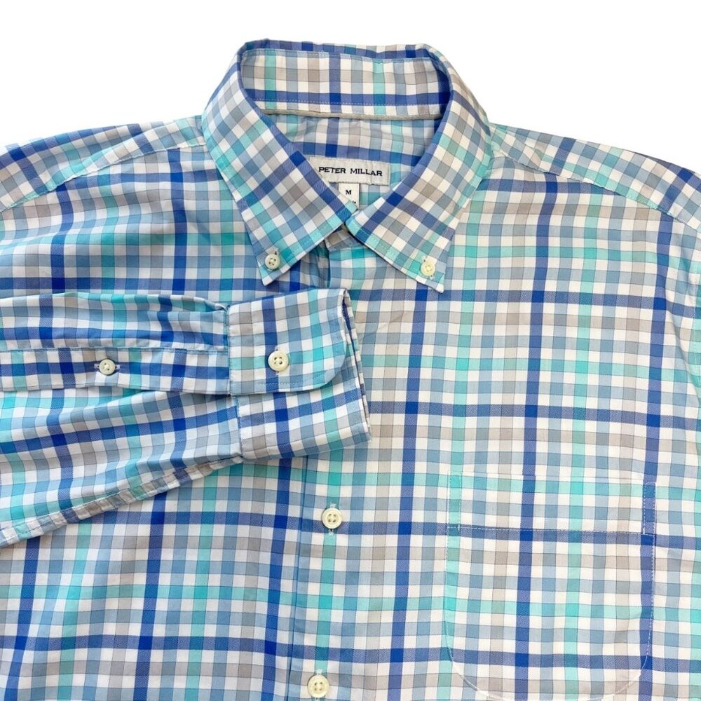 Peter Millar Walker Cotton Stretch Sport Shirt Long Sleeve Blue Plaid MEDIUM